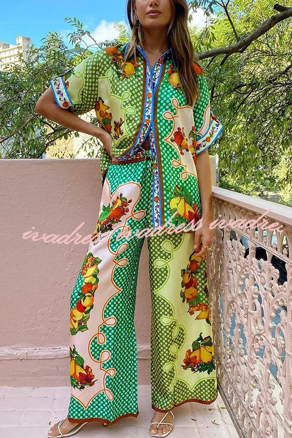 Lemon Satin Print Elastic Leg Pants