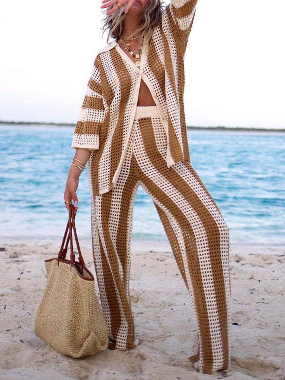 Loose Fit V-Neck Hollow Out Striped Shirt Set