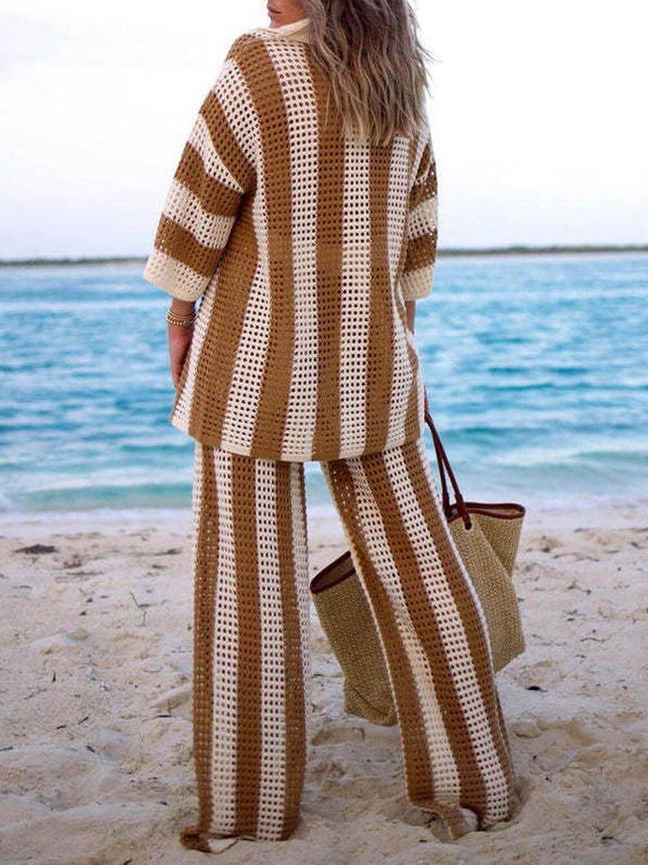 Loose Fit V-Neck Hollow Out Striped Shirt Set