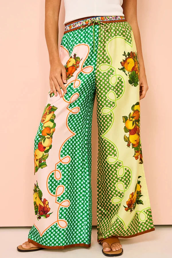 Lemon Satin Print Elastic Leg Pants