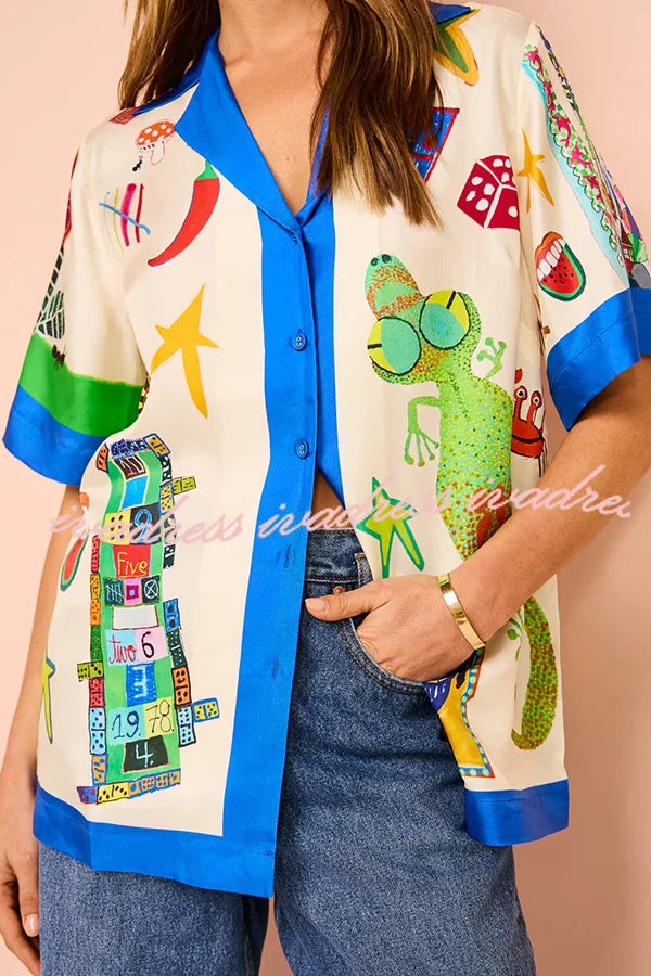 Vibrant Beach Satin Unique Print Colorblock Trim Button Down Oversized Blouse