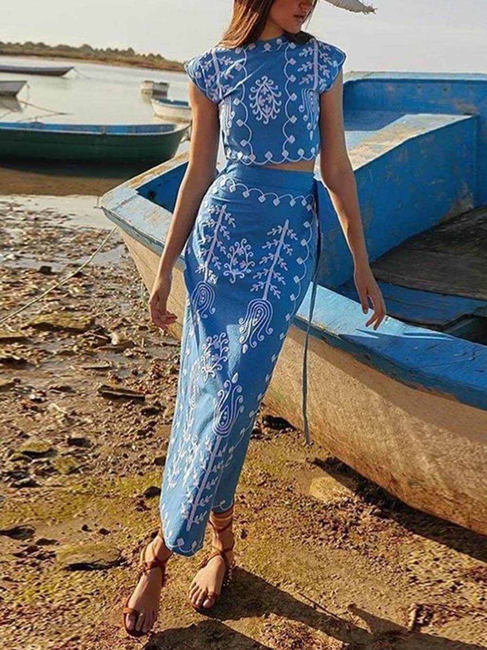 Ethnic Print Crop Top Set