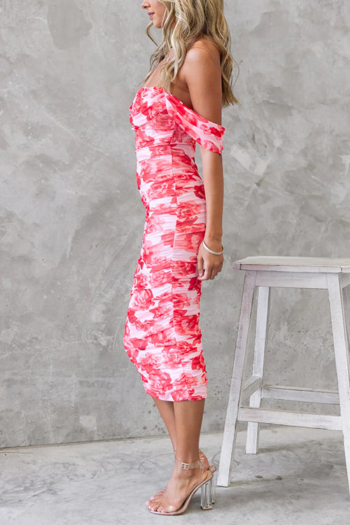Off Shoulder Floral Midi Dress