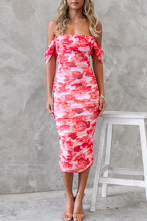 Off Shoulder Floral Midi Dress
