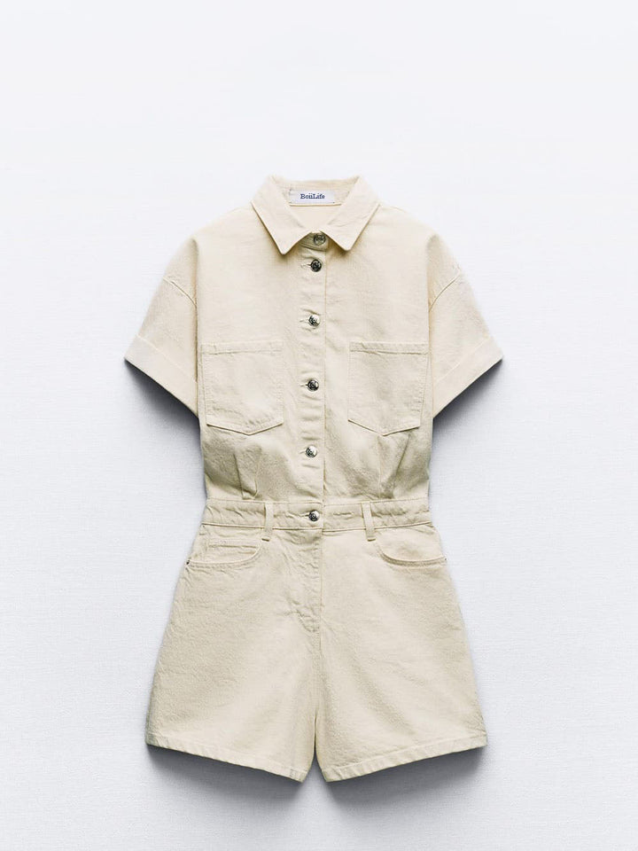 Mini Denim Cuffed Romper Beige