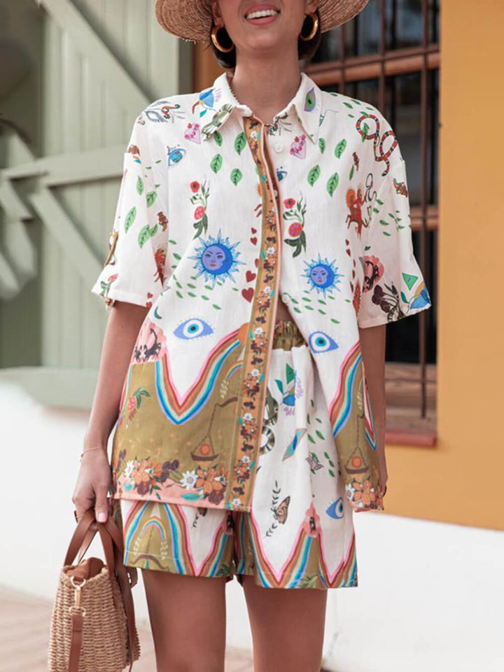 Button Loose Shirt And Elastic Waist Pocket Shorts Set