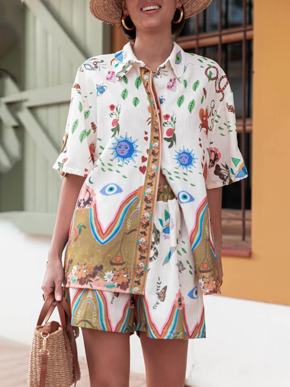 Button Loose Shirt And Elastic Waist Pocket Shorts Set