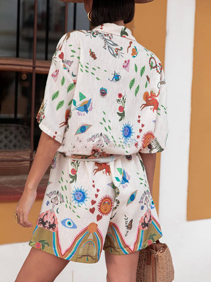 Button Loose Shirt And Elastic Waist Pocket Shorts Set