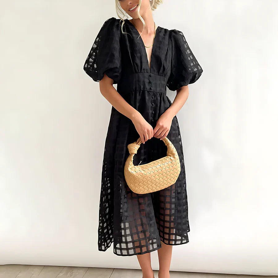 Cindy - Classic Patterned Puff Sleeve Midi Dress