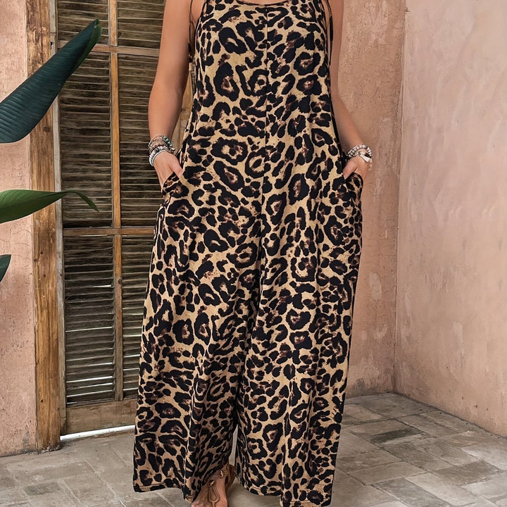 Chic Leopard Print Wide-Leg Jumpsuit with Pockets