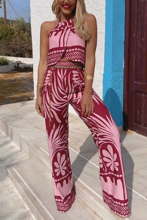 Lumina Halter Backless Slit Crop Top Set