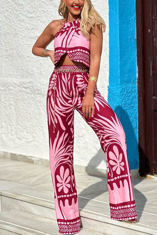 Lumina Halter Backless Slit Crop Top Set