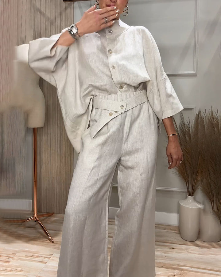 Stand collar cotton and linen two-piece set