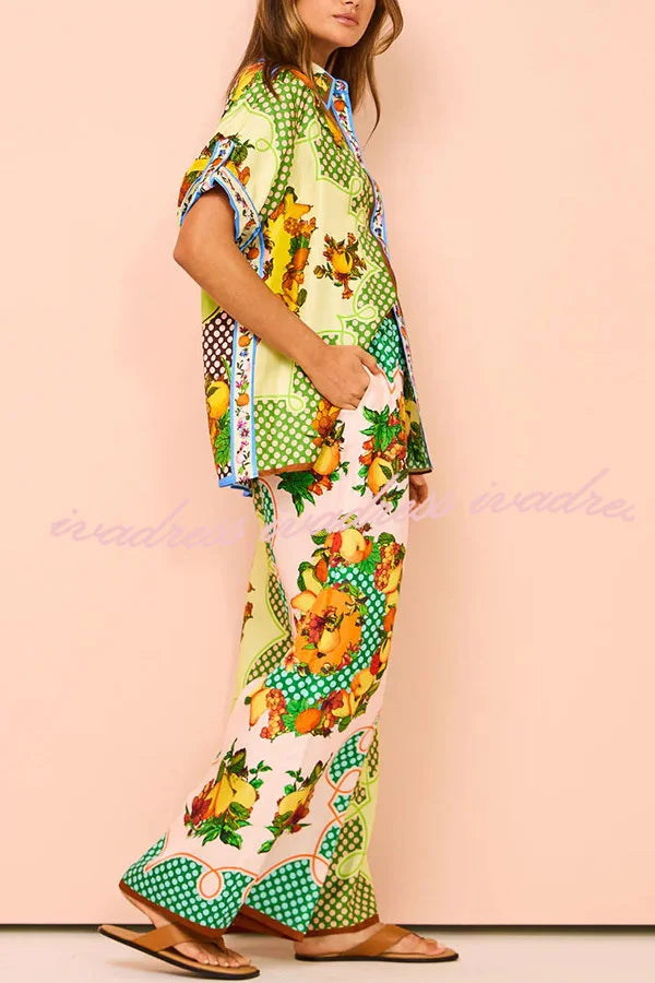 Lemon Satin Print Elastic Leg Pants