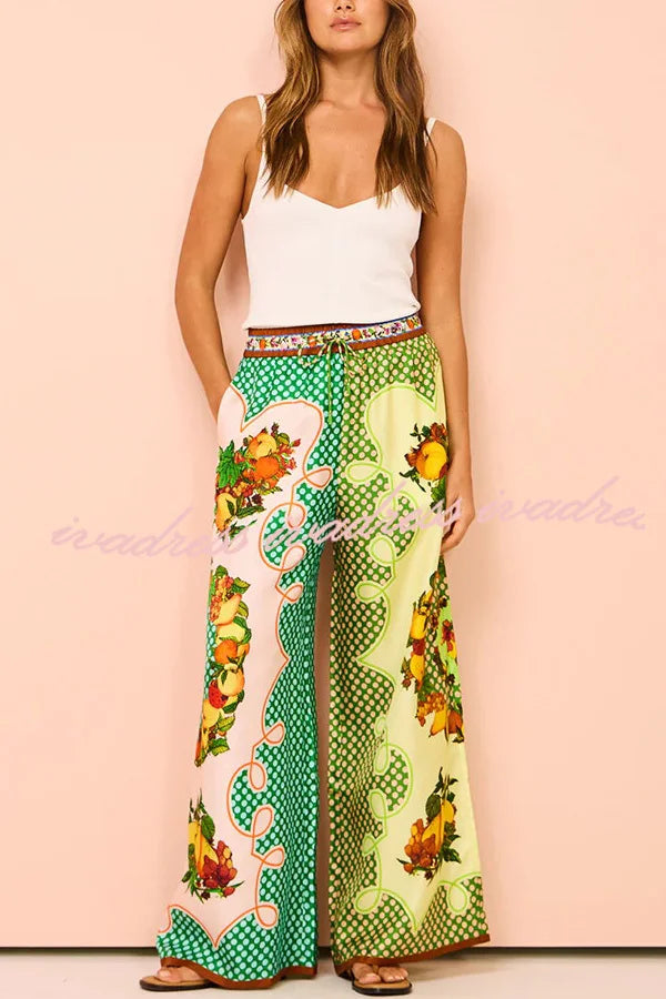 Lemon Satin Print Elastic Leg Pants