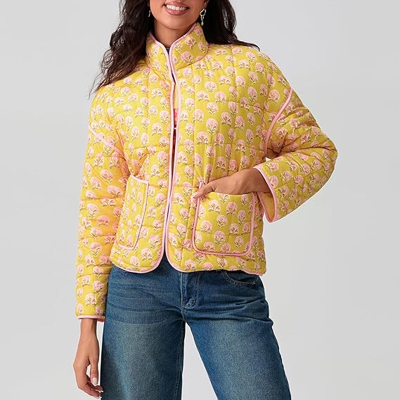 Jacket with patchwork and floral print and standing collar