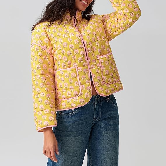 Jacket with patchwork and floral print and standing collar