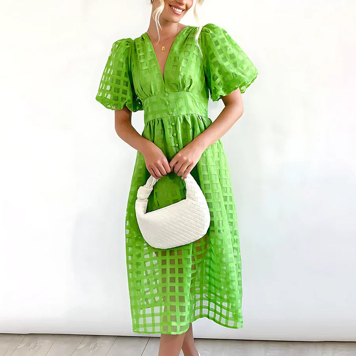 Cindy - Classic Patterned Puff Sleeve Midi Dress