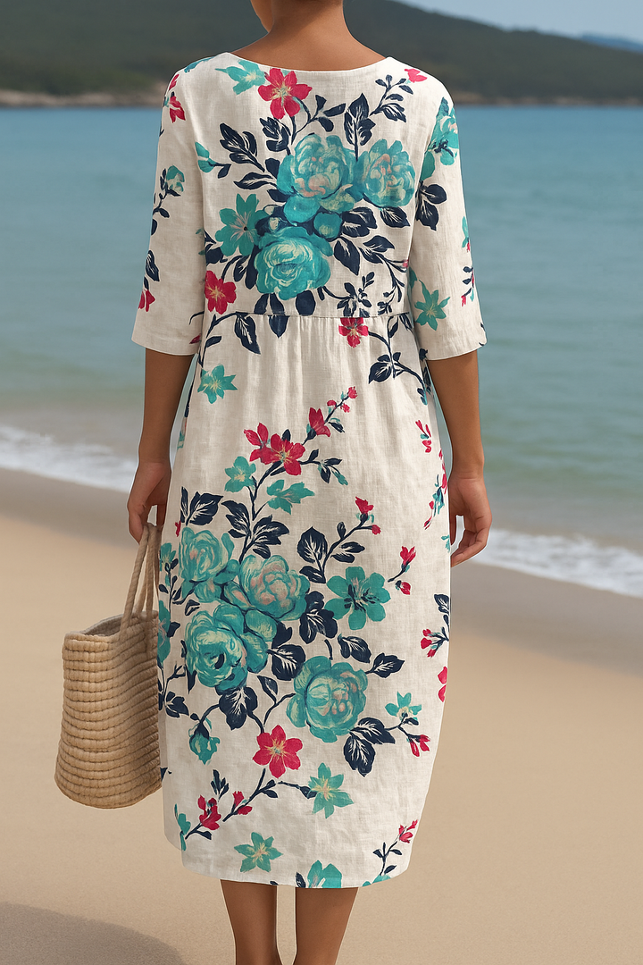 Élodie | Long White Dress with Turquoise Flowers