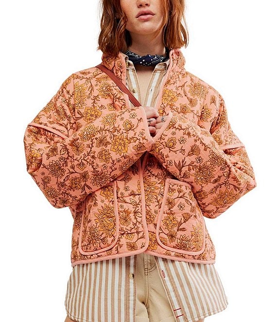 Jacket with patchwork and floral print and standing collar