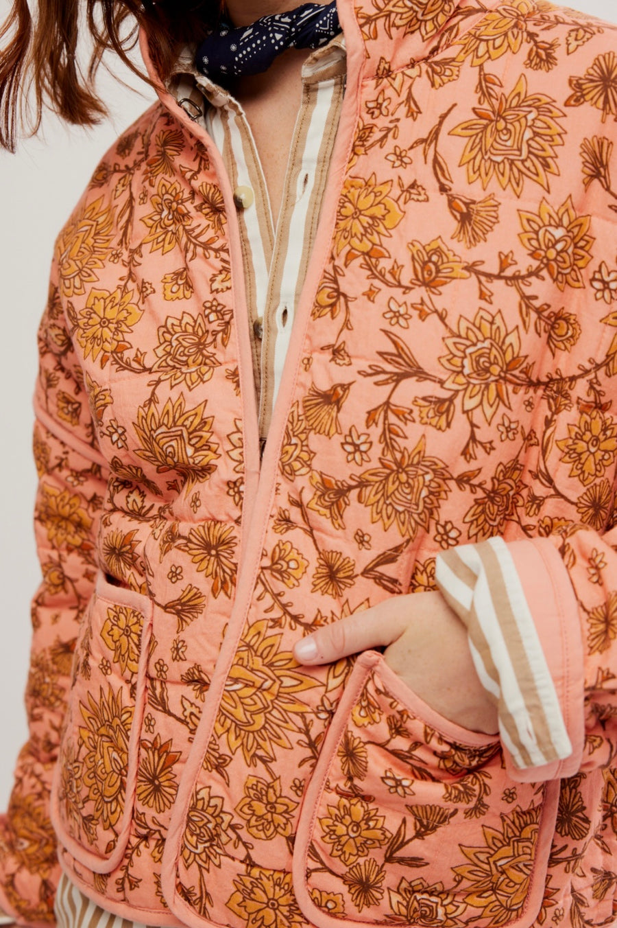 Jacket with patchwork and floral print and standing collar