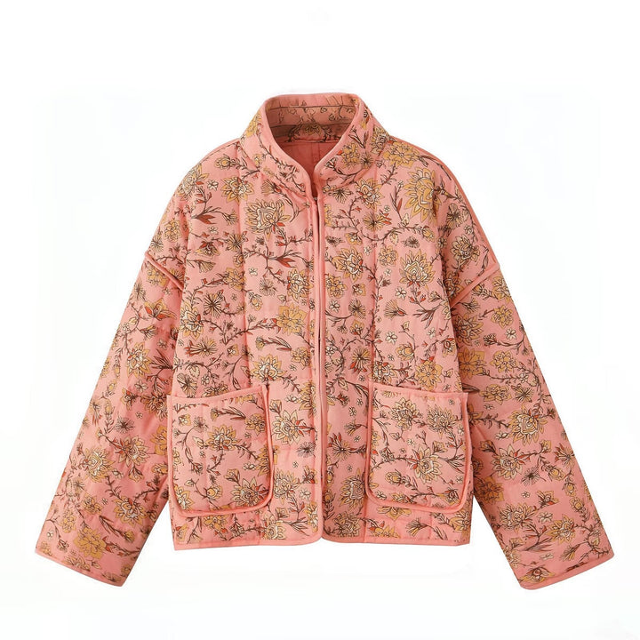 Jacket with patchwork and floral print and standing collar