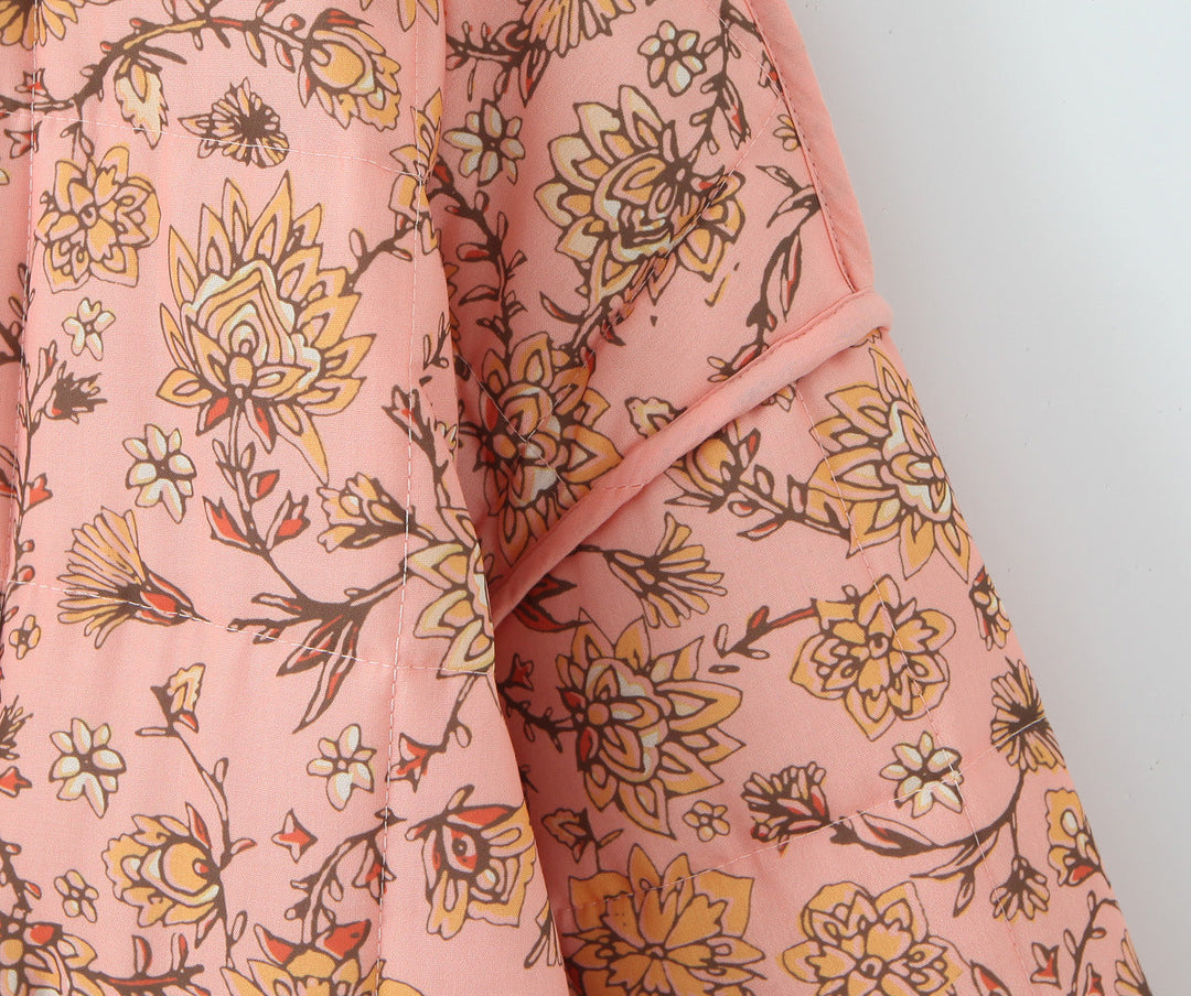 Jacket with patchwork and floral print and standing collar