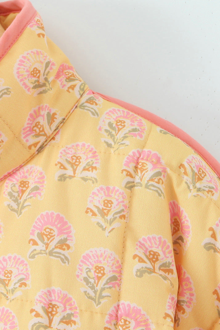 Jacket with patchwork and floral print and standing collar