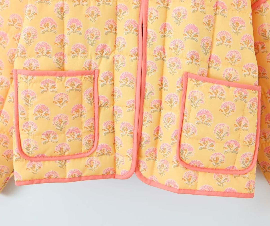 Jacket with patchwork and floral print and standing collar