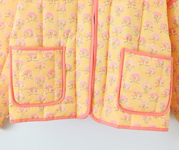 Jacket with patchwork and floral print and standing collar