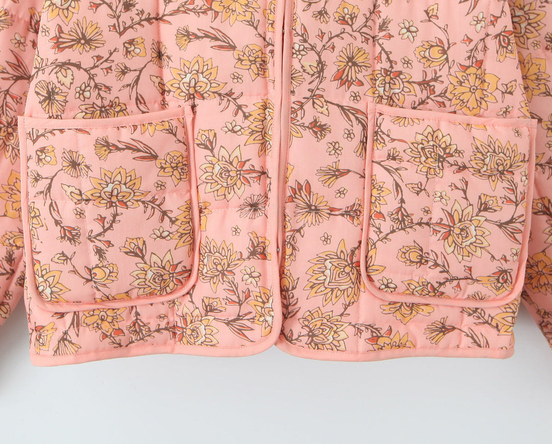 Jacket with patchwork and floral print and standing collar