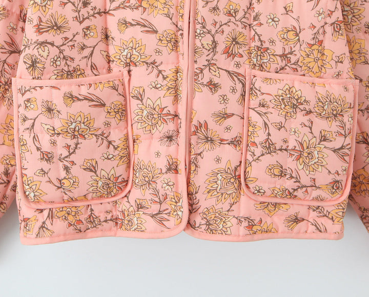Jacket with patchwork and floral print and standing collar