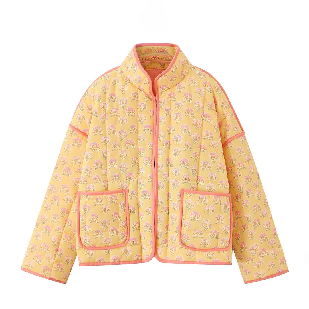 Jacket with patchwork and floral print and standing collar