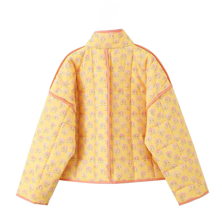 Jacket with patchwork and floral print and standing collar