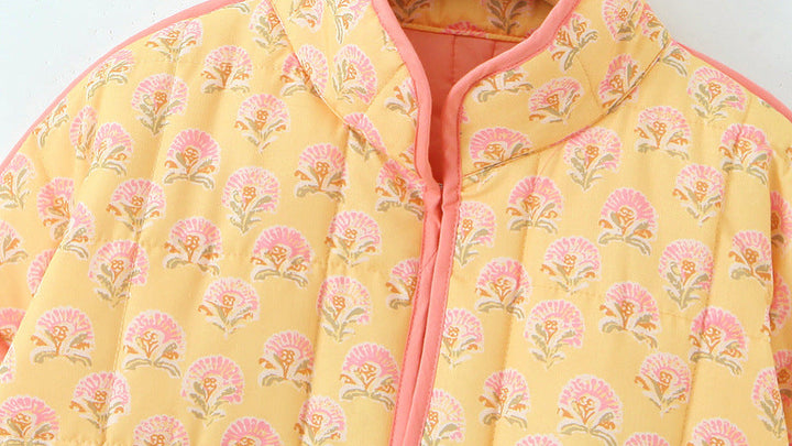 Jacket with patchwork and floral print and standing collar