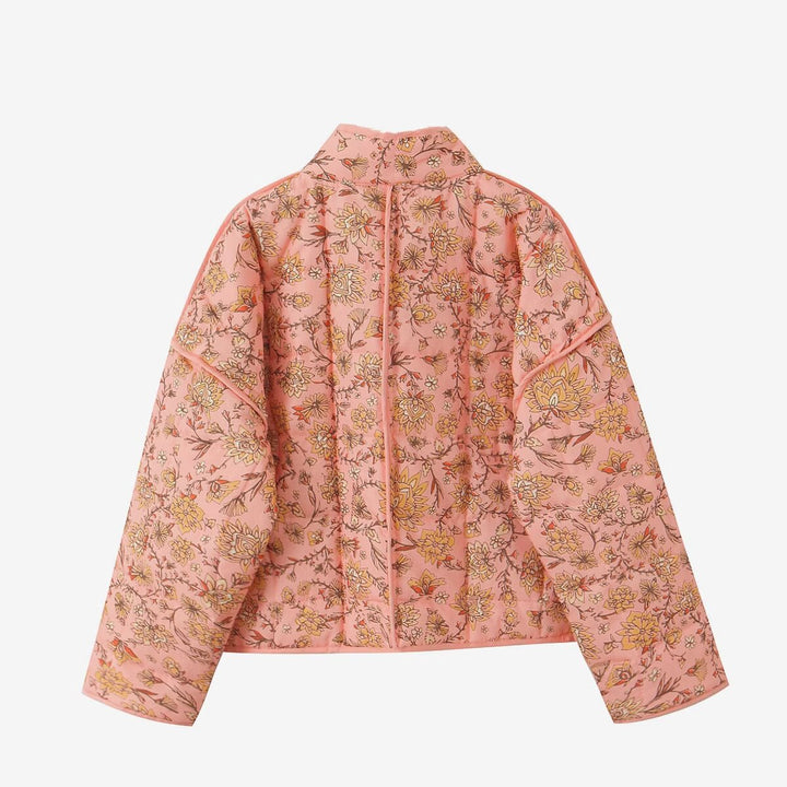 Jacket with patchwork and floral print and standing collar