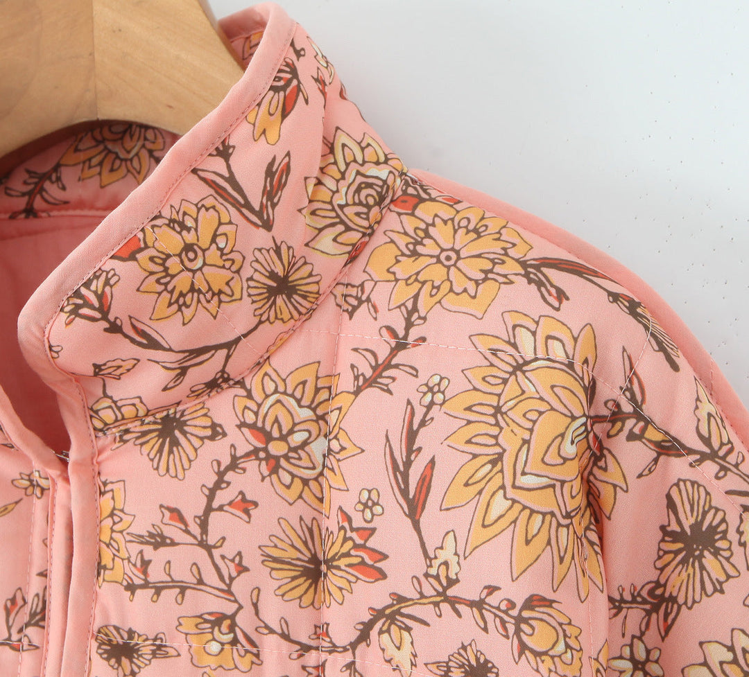 Jacket with patchwork and floral print and standing collar