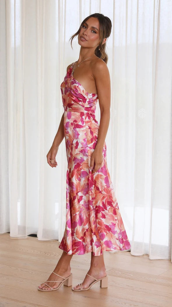 Floral One Shoulder Satin Dress