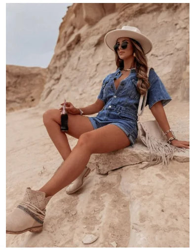 2025 Washed Denim V-Neck Jumpsuit