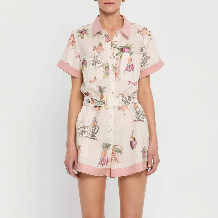 Printed Linen Shirt Romper