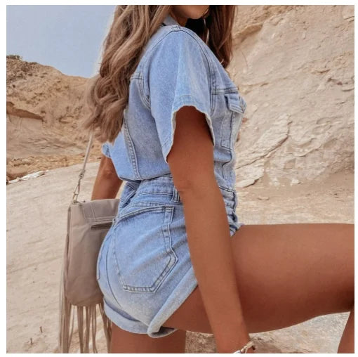 2025 Washed Denim V-Neck Jumpsuit