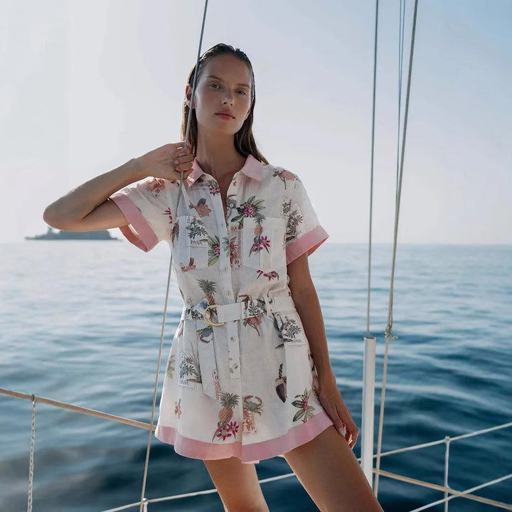 Printed Linen Shirt Romper