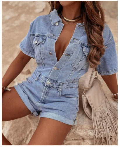 2025 Washed Denim V-Neck Jumpsuit