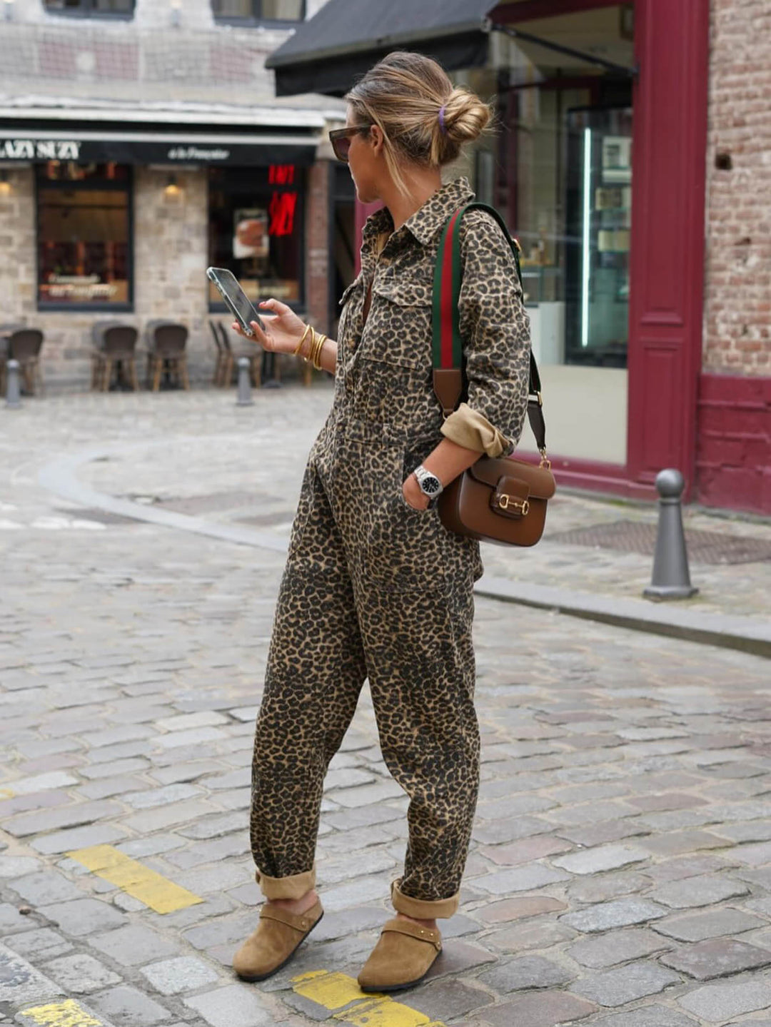 Long-Sleeved Jumpsuit with Leopard Print