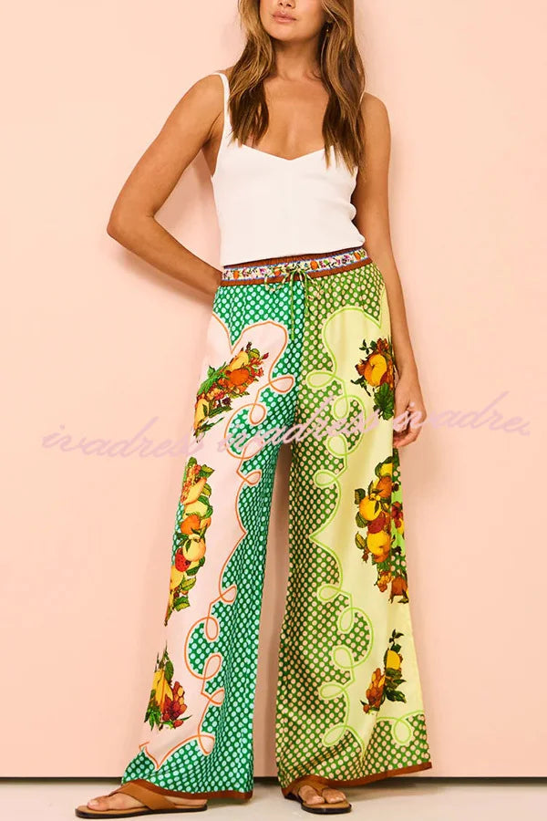 Lemon Satin Print Elastic Leg Pants