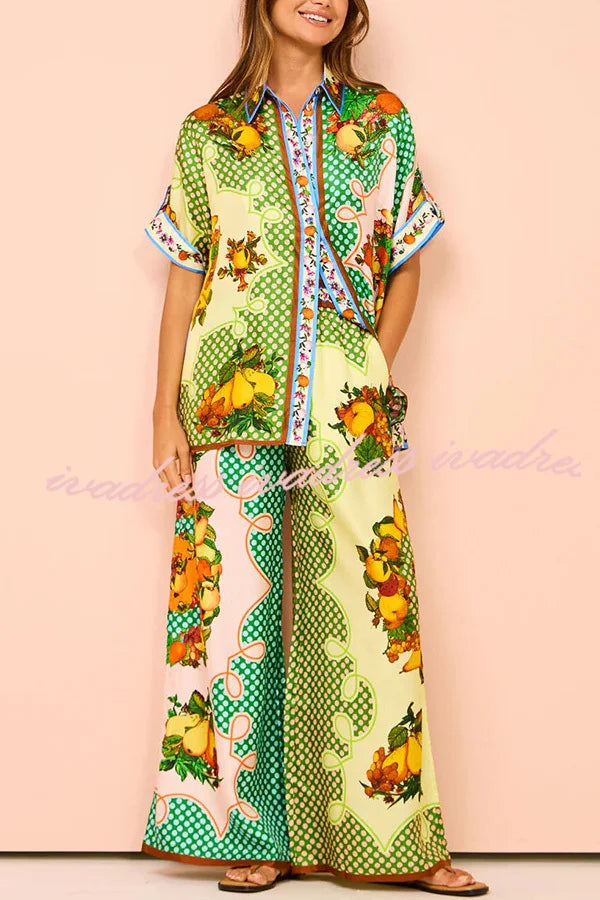 Lemon Satin Print Elastic Leg Pants