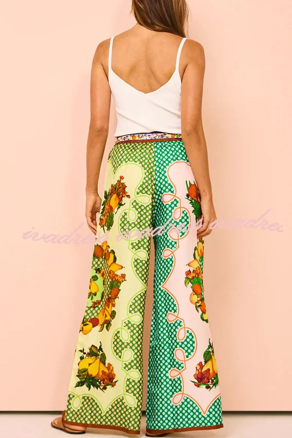 Lemon Satin Print Elastic Leg Pants
