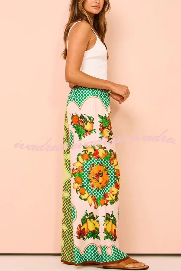 Lemon Satin Print Elastic Leg Pants