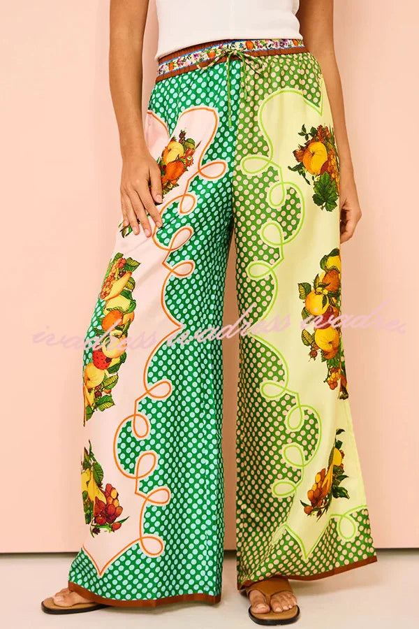 Lemon Satin Print Elastic Leg Pants