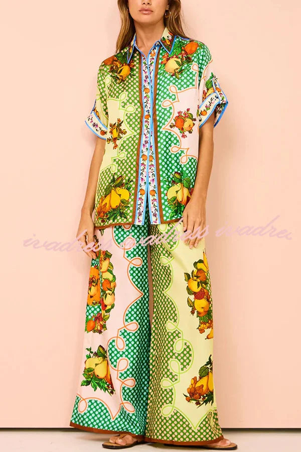 Lemon Satin Print Elastic Leg Pants